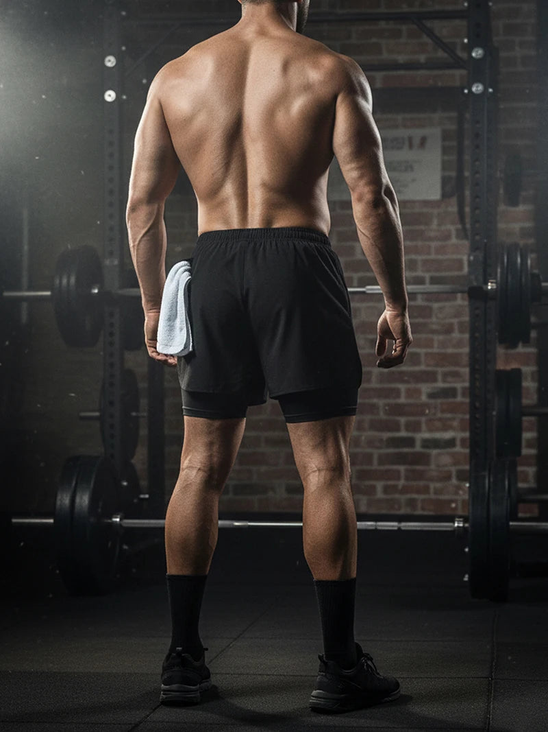 Men's 2-in-1 Running Workout Shorts with Phone Pocket and Towel Loop - Quick Dry Stretchy Athletic Performance Activewear