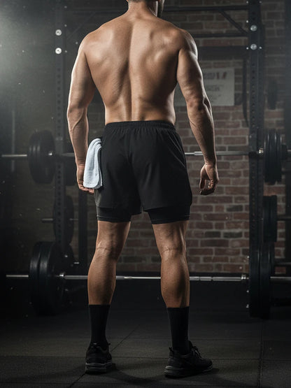 Men's 2-in-1 Running Workout Shorts with Phone Pocket and Towel Loop - Quick Dry Stretchy Athletic Performance Activewear