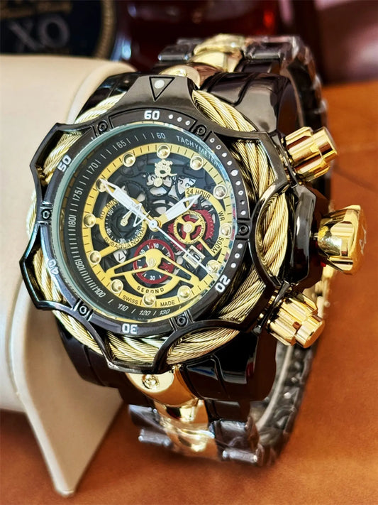 Luxury Men'S Watch High-End Casual Fashion High Quality Quartz Wristwatch, Golden Alloy Case, round Analog Dial, Analog Quartz Movement, Buckle Closure, Perfect Gift Box Included, Quartz Watches